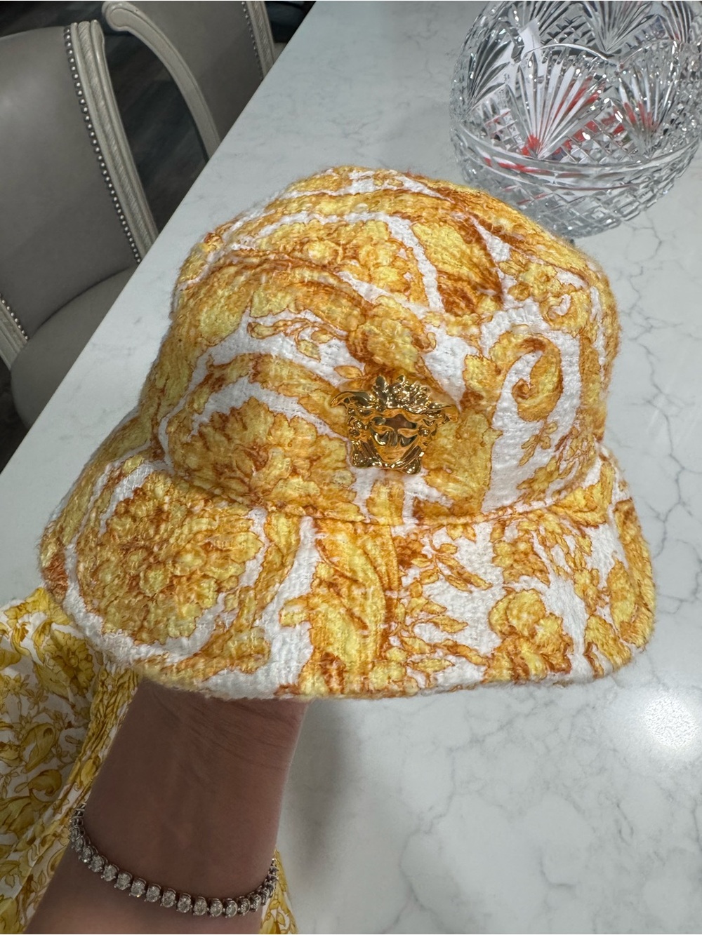 Versace Cream and Yellow Baroque Print Dress with Matching Hat - Picture 4 of 5